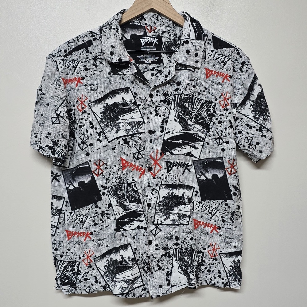Atsuko Berserk Warrior Guts Japan Anime White Black Button Up Shirt Men's Small